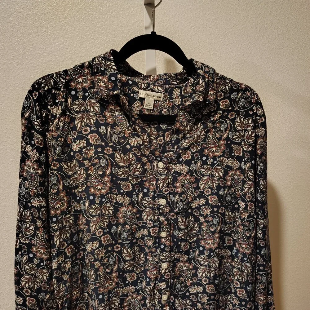 Croft & Barrow Women's Button Front Long Sleeve Blouse Size XL Rayon Blue Print - Picture 3 of 11